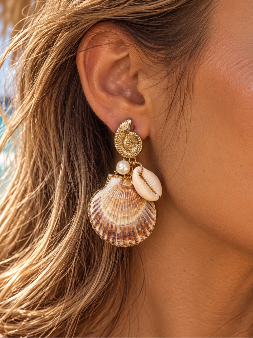 Atterri Gold & Natural Shell Drop Earrings with genuine Freshwater Pearls